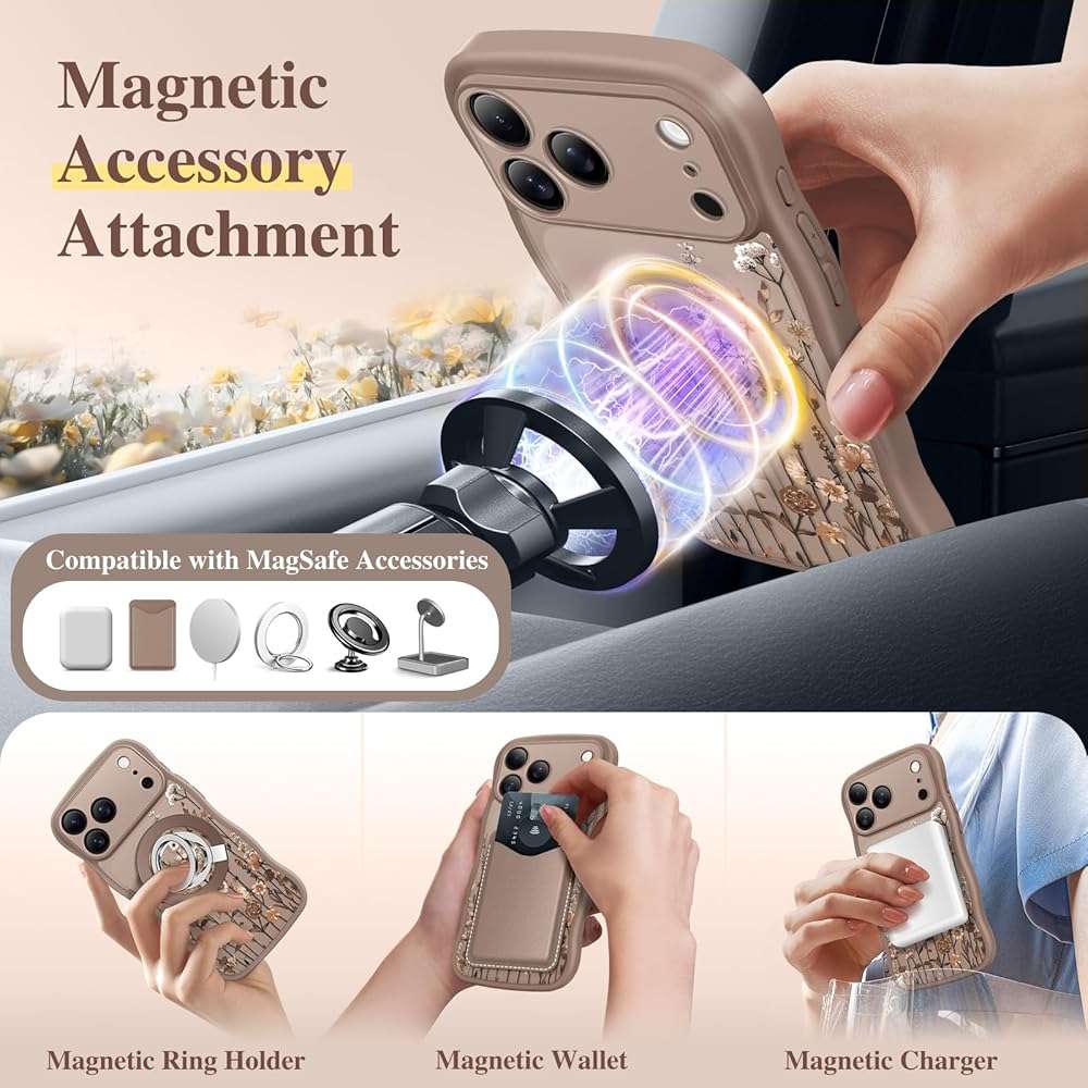 GVIEWIN for iPhone 17 Pro Max Case Compatible with MagSafe [Curly Wave Edge][Full Camera Protection] Floral Translucent Shockproof Magnetic Women Phone Case for 17 Pro Max, Floratopia/Brown - Image 4