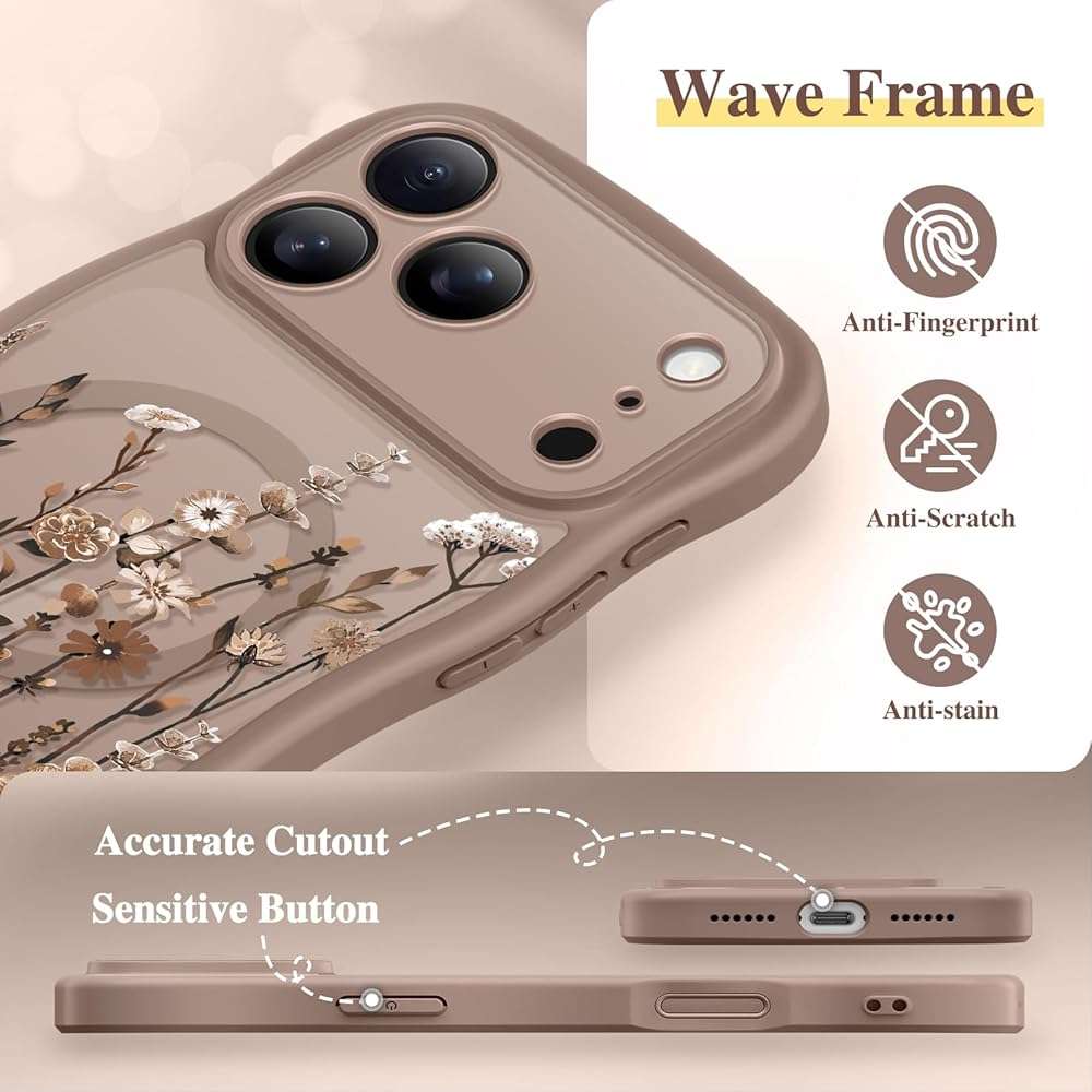 GVIEWIN for iPhone 17 Pro Max Case Compatible with MagSafe [Curly Wave Edge][Full Camera Protection] Floral Translucent Shockproof Magnetic Women Phone Case for 17 Pro Max, Floratopia/Brown - Image 6