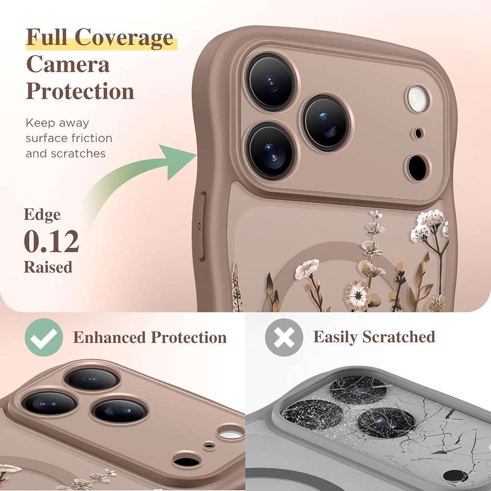 GVIEWIN for iPhone 17 Pro Max Case Compatible with MagSafe [Curly Wave Edge][Full Camera Protection] Floral Translucent Shockproof Magnetic Women Phone Case for 17 Pro Max, Floratopia/Brown - Image 7