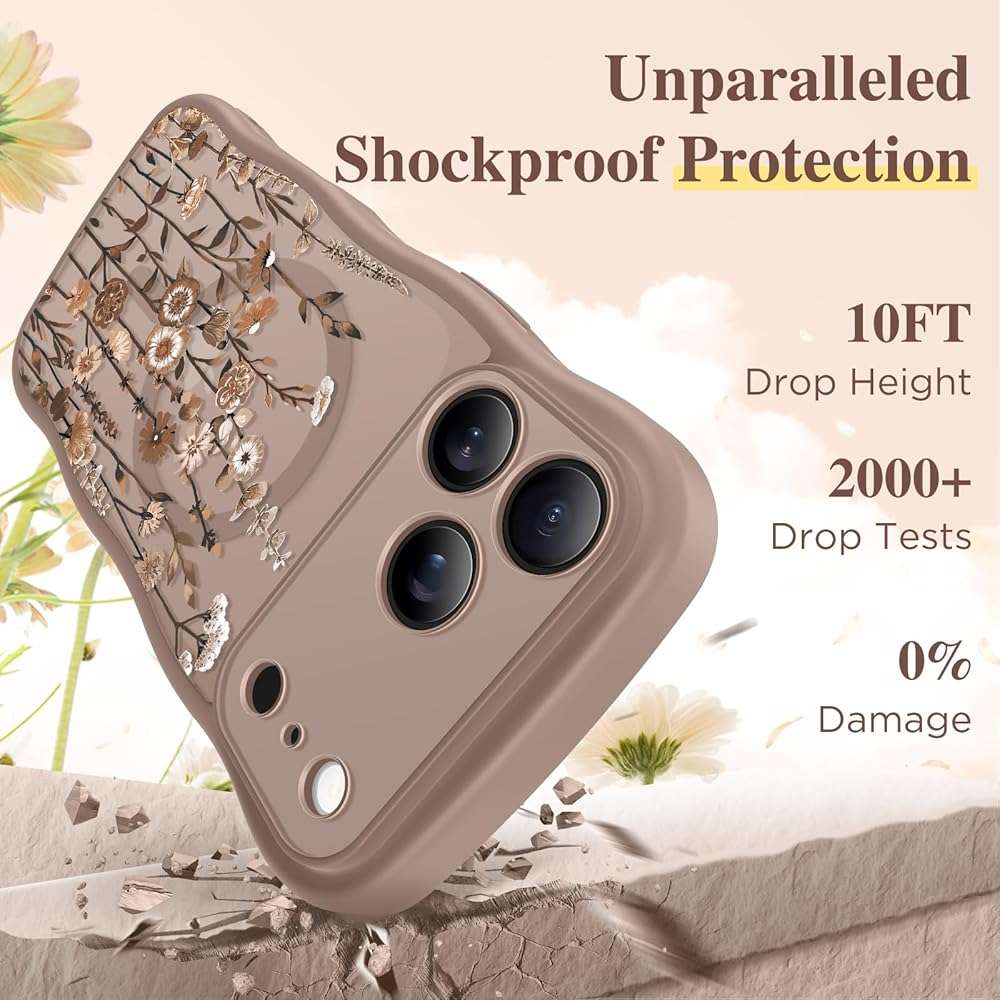 GVIEWIN for iPhone 17 Pro Max Case Compatible with MagSafe [Curly Wave Edge][Full Camera Protection] Floral Translucent Shockproof Magnetic Women Phone Case for 17 Pro Max, Floratopia/Brown - Image 8