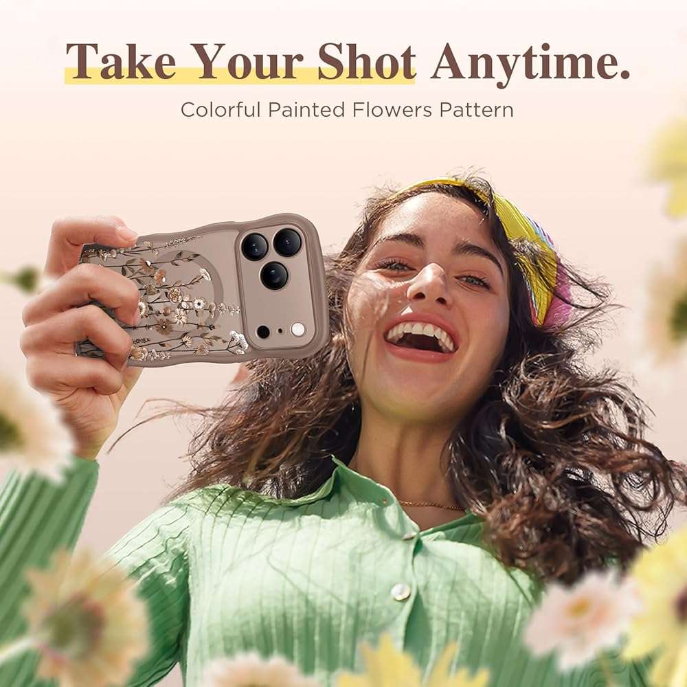 GVIEWIN for iPhone 17 Pro Max Case Compatible with MagSafe [Curly Wave Edge][Full Camera Protection] Floral Translucent Shockproof Magnetic Women Phone Case for 17 Pro Max, Floratopia/Brown - Image 9