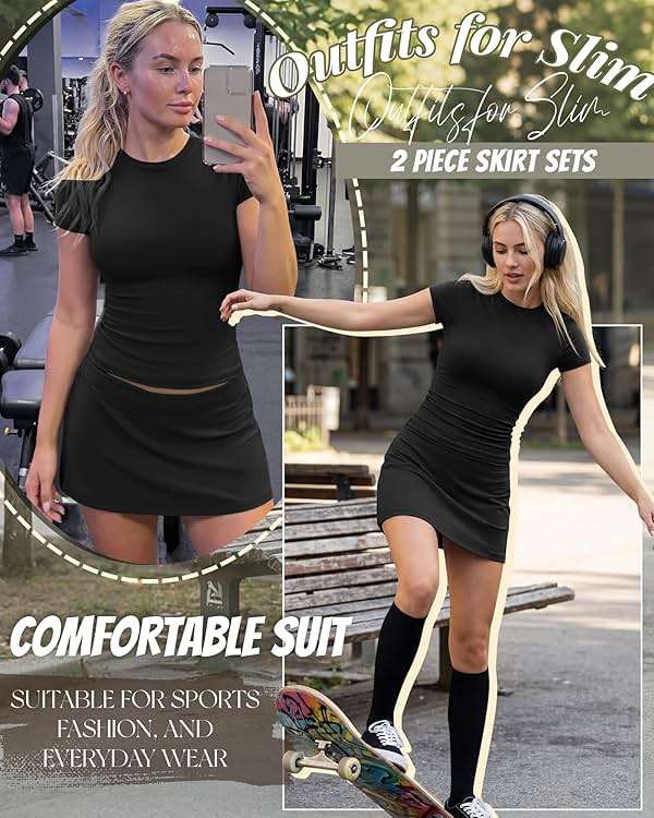 Riyiper Two Piece Skirt Set for Women Workout Shirts Basic Tops Tennis Shorts Skirts Crew Neck Lounge Sets Slim Fit Outfits - Image 3