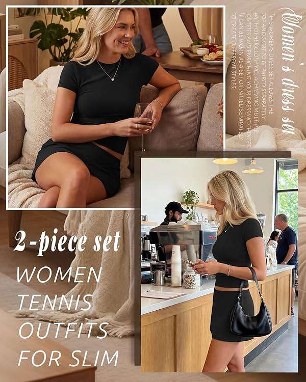 Riyiper Two Piece Skirt Set for Women Workout Shirts Basic Tops Tennis Shorts Skirts Crew Neck Lounge Sets Slim Fit Outfits - Image 4