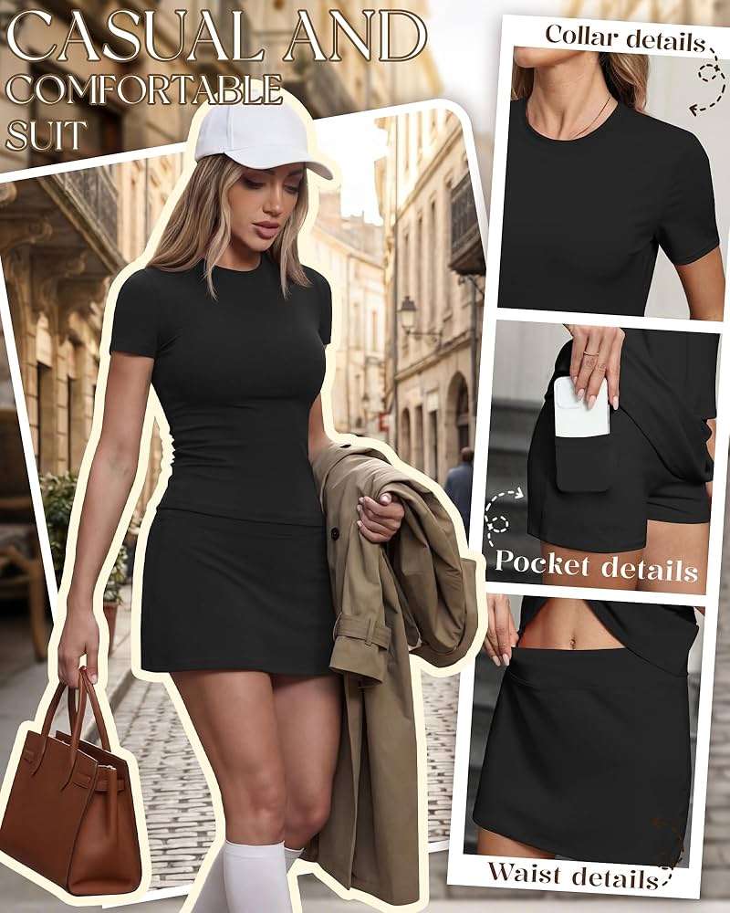 Riyiper Two Piece Skirt Set for Women Workout Shirts Basic Tops Tennis Shorts Skirts Crew Neck Lounge Sets Slim Fit Outfits - Image 5