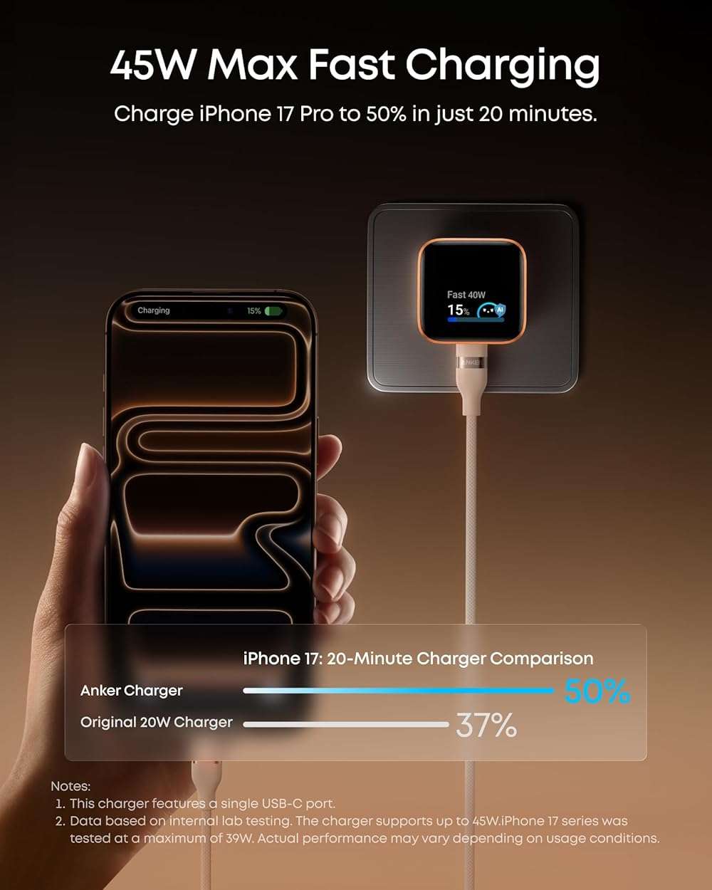 Anker Smart Display Charger, Anker Nano USB C Charger Block, 45W Max GaN Phone Charger,180° Foldable Plug,Smart Recognition,Built-in Care Mode,for iPhone17/16/15(Non-Battery,One USB-C Port,No Cable) - Image 3