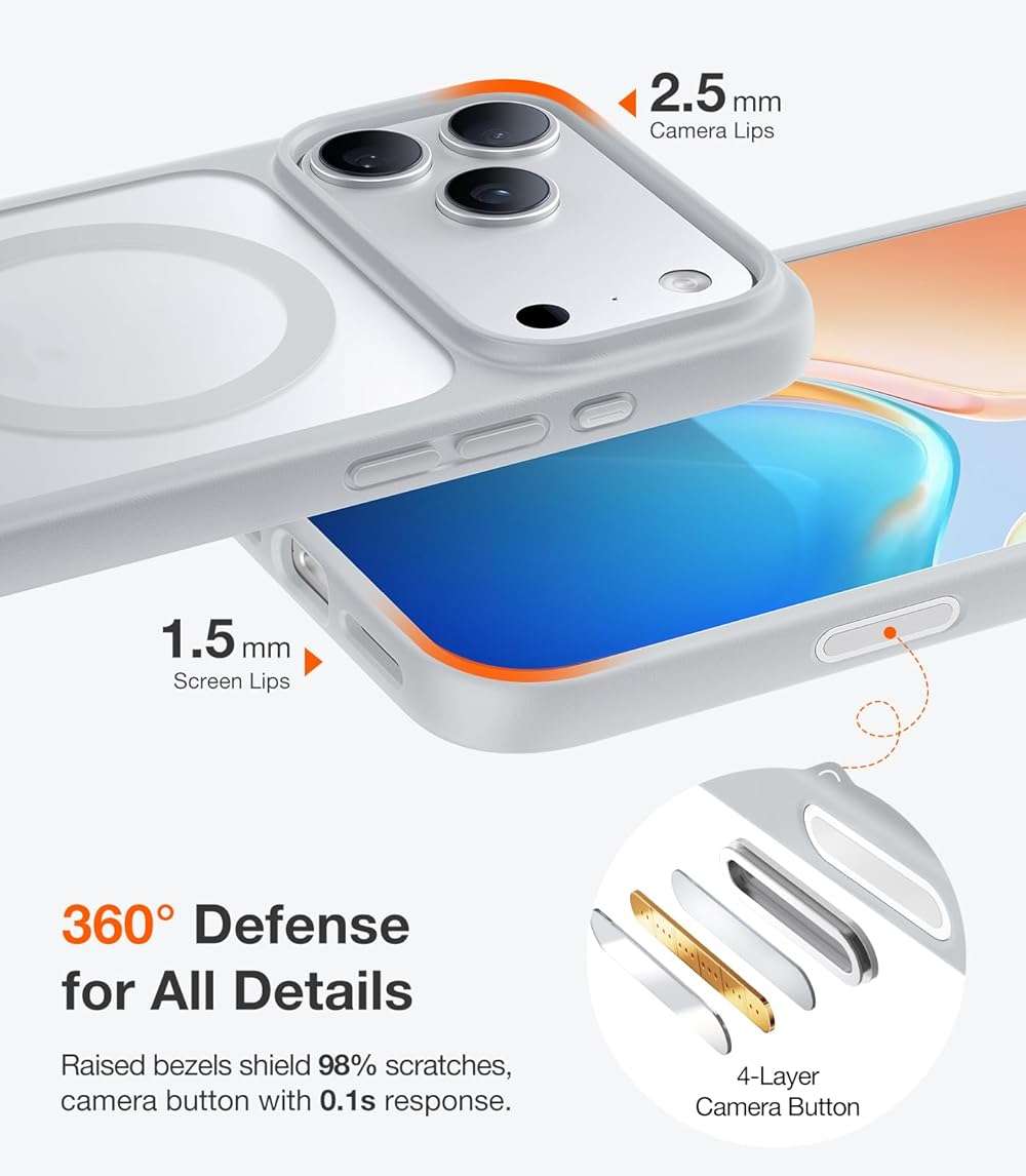 TORRAS Stronger Magnetic & Shockproof for iPhone 17 Pro Max Case, Fit for MagSafe, Military Grade Drop Protection, Camera Control, DIY Button, Slim for iPhone 17 Pro Max Case Translucent Silver - Image 5