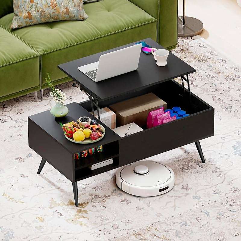 FDW Modern Lift Top Coffee Table Wooden Small Coffee Table with Storage Shelf Hidden Compartment for Living Room Home Office,Black - Image 2