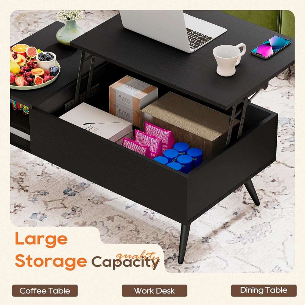 FDW Modern Lift Top Coffee Table Wooden Small Coffee Table with Storage Shelf Hidden Compartment for Living Room Home Office,Black - Image 4