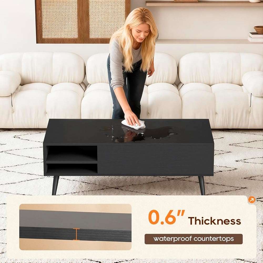 FDW Modern Lift Top Coffee Table Wooden Small Coffee Table with Storage Shelf Hidden Compartment for Living Room Home Office,Black - Image 5