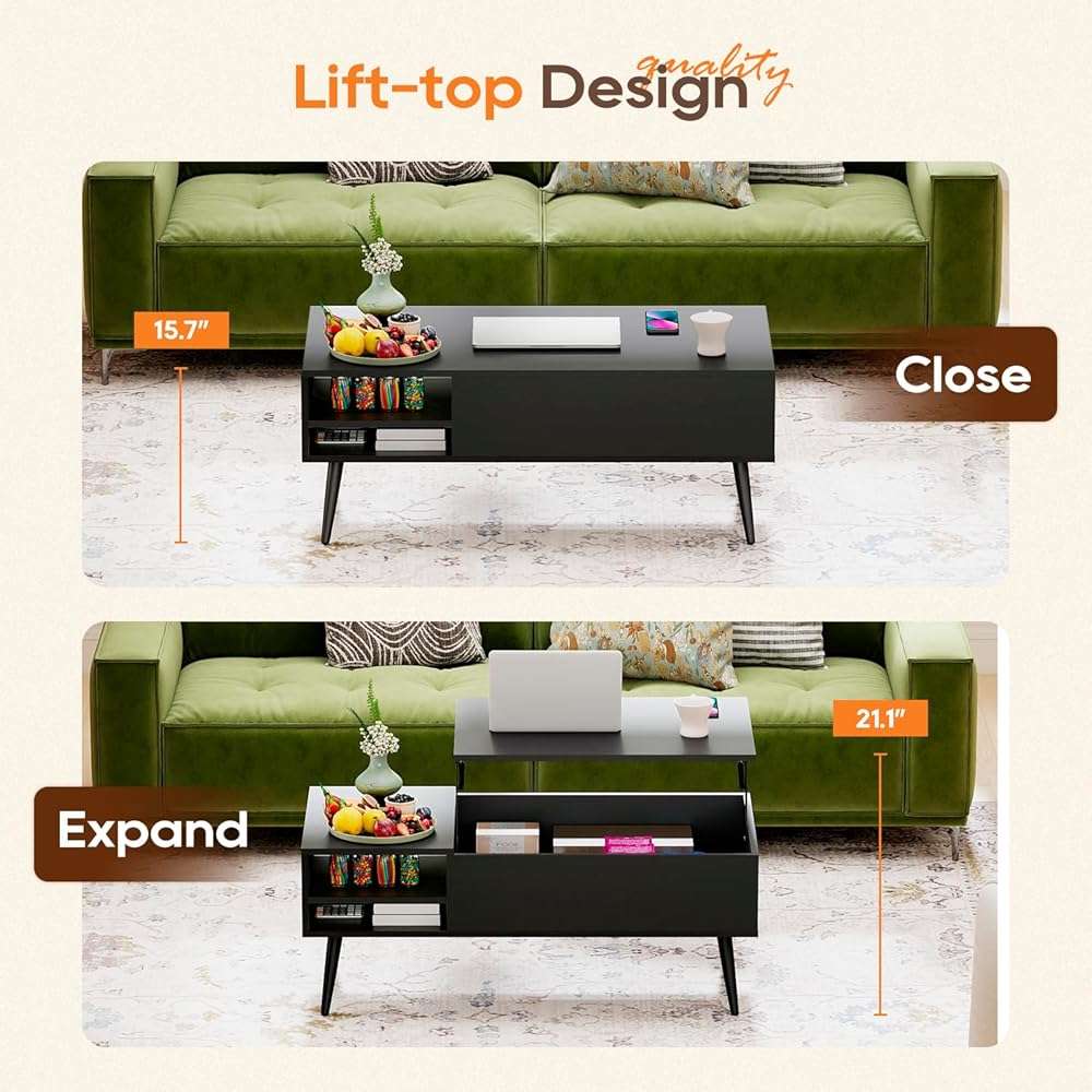 FDW Modern Lift Top Coffee Table Wooden Small Coffee Table with Storage Shelf Hidden Compartment for Living Room Home Office,Black - Image 6