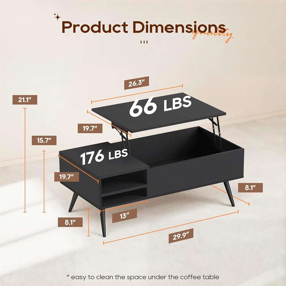 FDW Modern Lift Top Coffee Table Wooden Small Coffee Table with Storage Shelf Hidden Compartment for Living Room Home Office,Black - Image 7