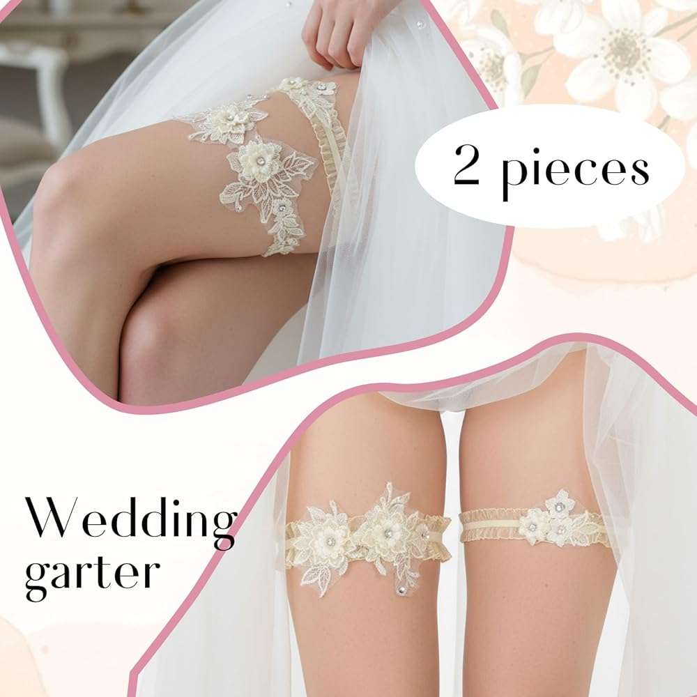 2 Pcs Garters for Bride, Soft Lace Flower Wedding Garter, Elastic Band Leg Garter for Wedding, Tea Party, Daily Outfit Bride Accessories - Image 3