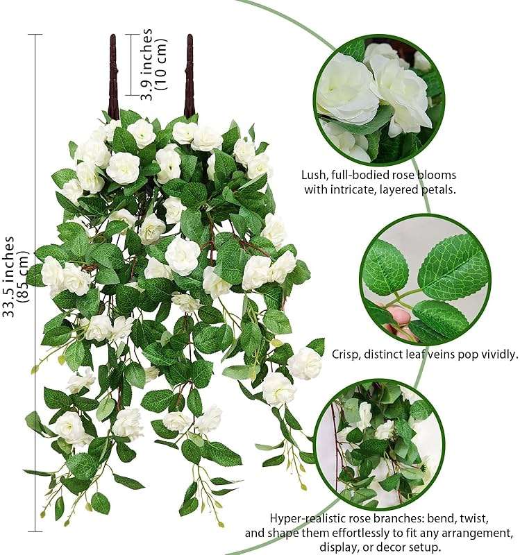 Dronside Artificial Flowers Realistic Roses for Decoration, 2Pcs Fake Hanging Roses Plants UV & Fading Resistant for Wedding Party Office Living Room Garden Indoor Outdoor Décor - Image 3