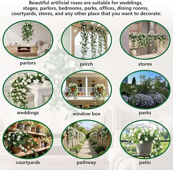 Dronside Artificial Flowers Realistic Roses for Decoration, 2Pcs Fake Hanging Roses Plants UV & Fading Resistant for Wedding Party Office Living Room Garden Indoor Outdoor Décor - Image 5