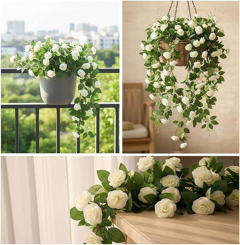 Dronside Artificial Flowers Realistic Roses for Decoration, 2Pcs Fake Hanging Roses Plants UV & Fading Resistant for Wedding Party Office Living Room Garden Indoor Outdoor Décor - Image 9