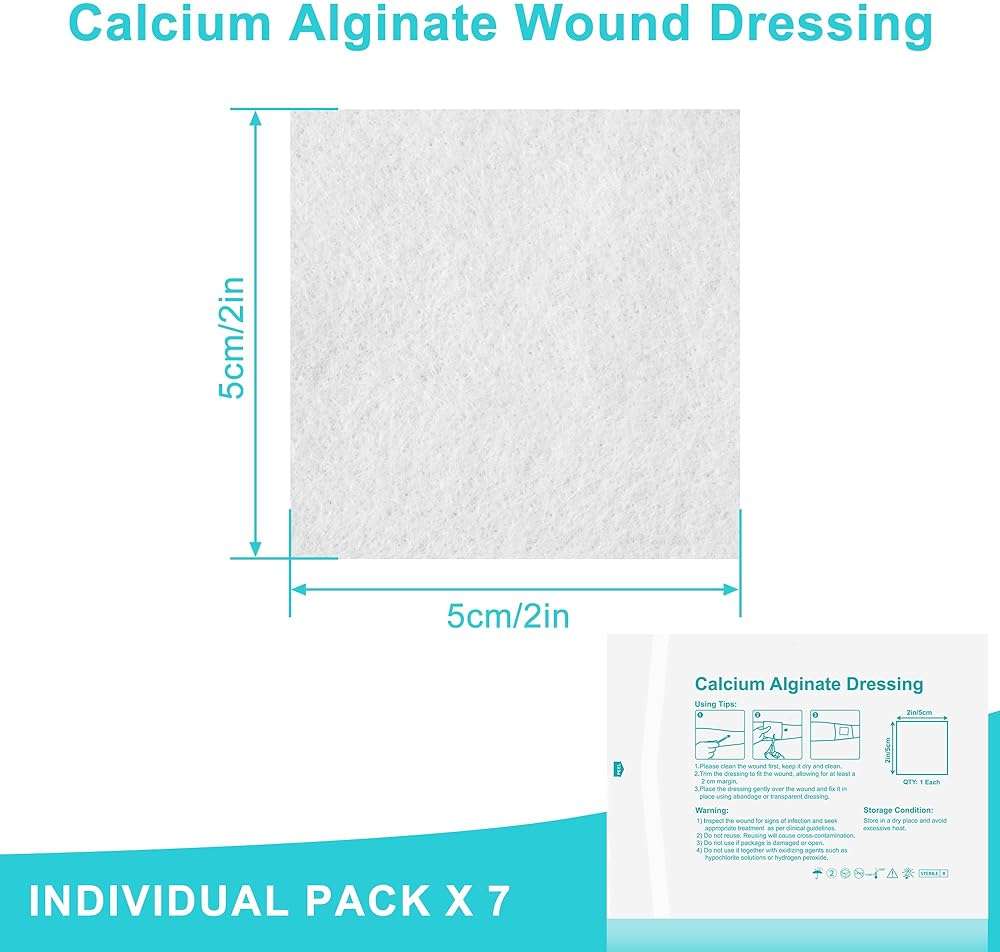 Calcium Alginate Wound Dressing, 2x2 Inch Gauze Pads (7 Count) | Highly Absorbent Gel-Forming Dressing for Exuding Wounds | Non-Adherent - Image 2