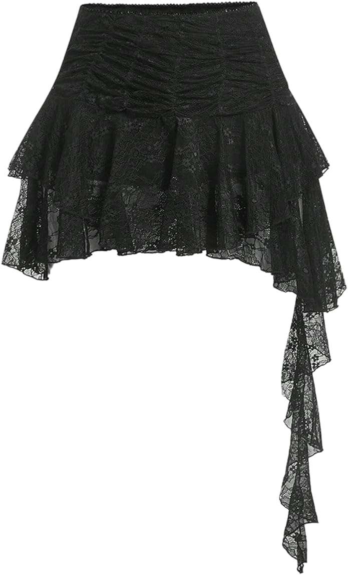 SweatyRocks Women's Y2K Lace Flowy Mini Skirt Skort Ruffle Floral Gothic Rave Asymmetrical Skirts with Shorts - Image 1