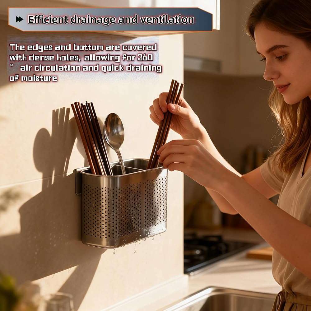 304 Stainless Steel Utensil Drainer, 2-Tier Silverware Drying Rack with Hooks, Anti-Rust Kitchen Sink Organizer & Cutlery Holder for Dishwasher, Countertop Space-Saving Storage, Brushed Finish - Image 2