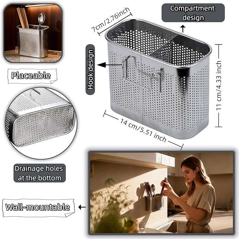 304 Stainless Steel Utensil Drainer, 2-Tier Silverware Drying Rack with Hooks, Anti-Rust Kitchen Sink Organizer & Cutlery Holder for Dishwasher, Countertop Space-Saving Storage, Brushed Finish - Image 3