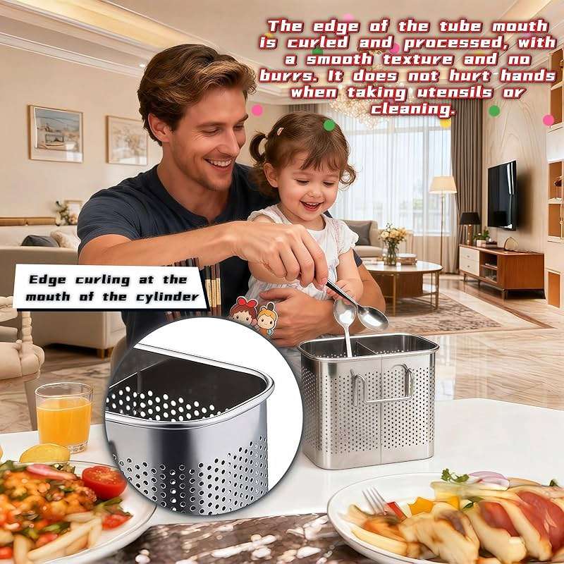 304 Stainless Steel Utensil Drainer, 2-Tier Silverware Drying Rack with Hooks, Anti-Rust Kitchen Sink Organizer & Cutlery Holder for Dishwasher, Countertop Space-Saving Storage, Brushed Finish - Image 5