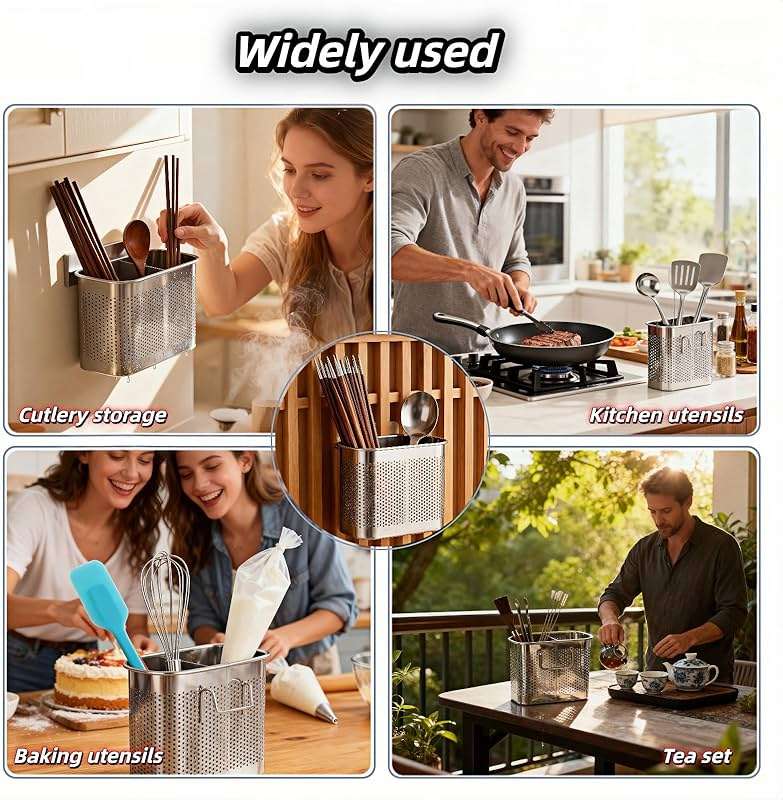 304 Stainless Steel Utensil Drainer, 2-Tier Silverware Drying Rack with Hooks, Anti-Rust Kitchen Sink Organizer & Cutlery Holder for Dishwasher, Countertop Space-Saving Storage, Brushed Finish - Image 7