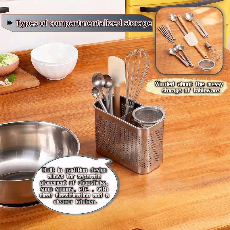 304 Stainless Steel Utensil Drainer, 2-Tier Silverware Drying Rack with Hooks, Anti-Rust Kitchen Sink Organizer & Cutlery Holder for Dishwasher, Countertop Space-Saving Storage, Brushed Finish - Image 9
