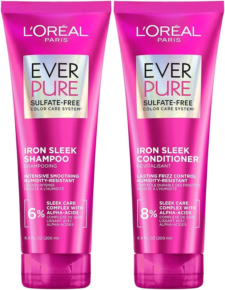 L'Oreal Paris Sulfate Free Iron Sleek Smoothing Shampoo and Conditioner Set, Frizz Control and Humidity-Resistant Formula with Alpha-Acids, Suitable for Color-Treated Hair, EverPure, 13.6 Fl Oz Set - Image 1
