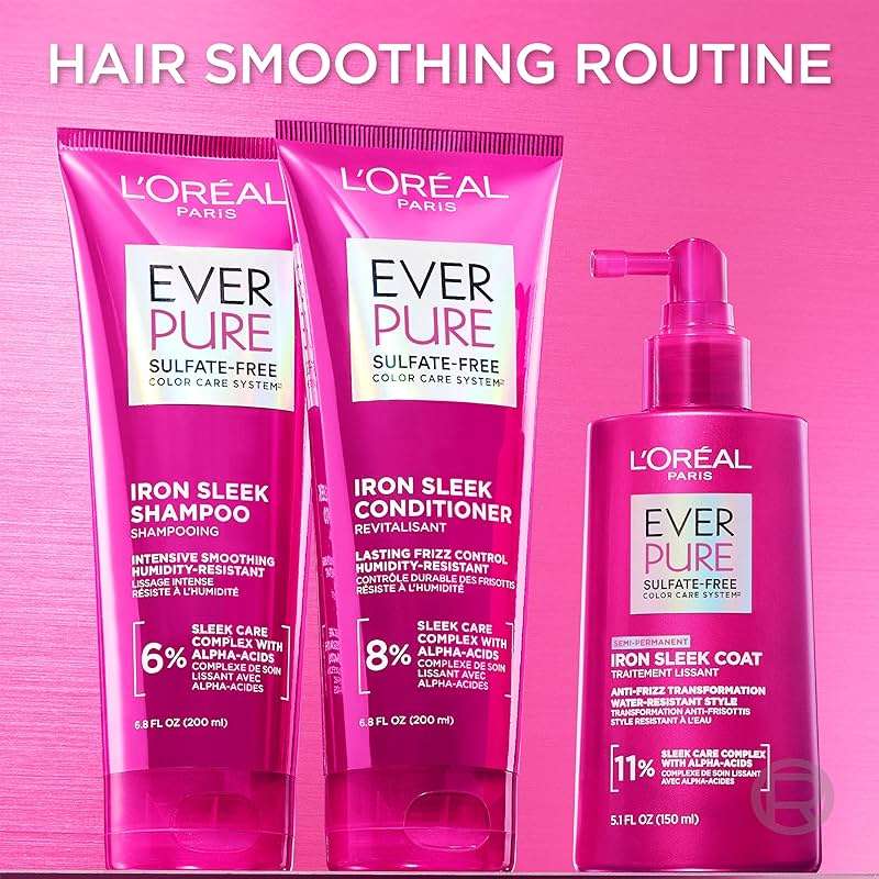 L'Oreal Paris Sulfate Free Iron Sleek Smoothing Shampoo and Conditioner Set, Frizz Control and Humidity-Resistant Formula with Alpha-Acids, Suitable for Color-Treated Hair, EverPure, 13.6 Fl Oz Set - Image 3