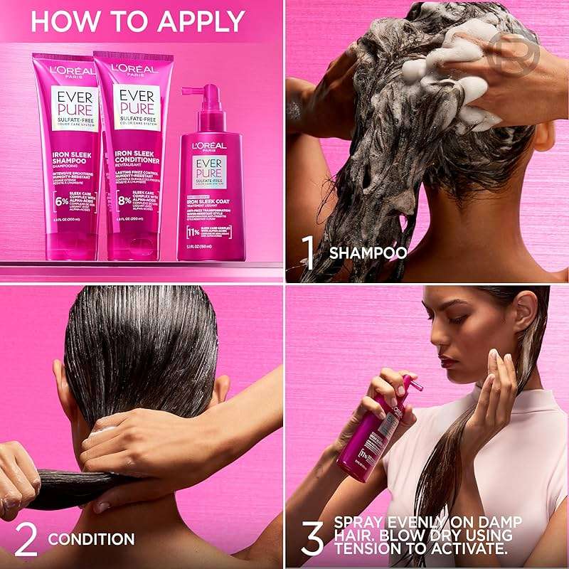 L'Oreal Paris Sulfate Free Iron Sleek Smoothing Shampoo and Conditioner Set, Frizz Control and Humidity-Resistant Formula with Alpha-Acids, Suitable for Color-Treated Hair, EverPure, 13.6 Fl Oz Set - Image 6