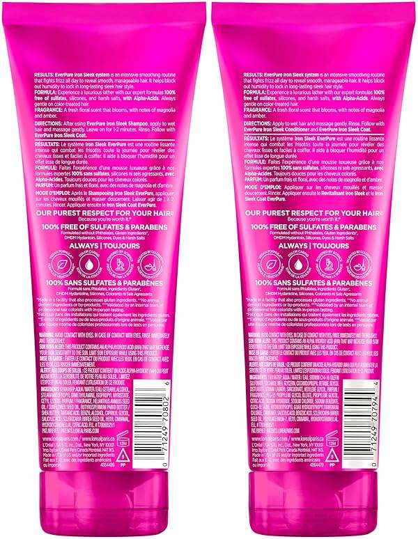 L'Oreal Paris Sulfate Free Iron Sleek Smoothing Shampoo and Conditioner Set, Frizz Control and Humidity-Resistant Formula with Alpha-Acids, Suitable for Color-Treated Hair, EverPure, 13.6 Fl Oz Set - Image 10