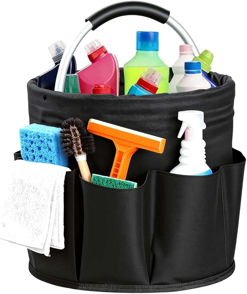 CIHTL Cleaning Caddy with Handle, Cleaning Products Organiser, Foldable Storage Basket, Large Supply Organiser 17L with 6 Pockets, Portable Cleaning Caddy for Home & Garden (Black) - Image 1