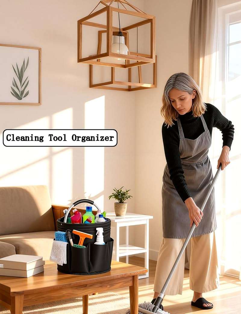 CIHTL Cleaning Caddy with Handle, Cleaning Products Organiser, Foldable Storage Basket, Large Supply Organiser 17L with 6 Pockets, Portable Cleaning Caddy for Home & Garden (Black) - Image 5