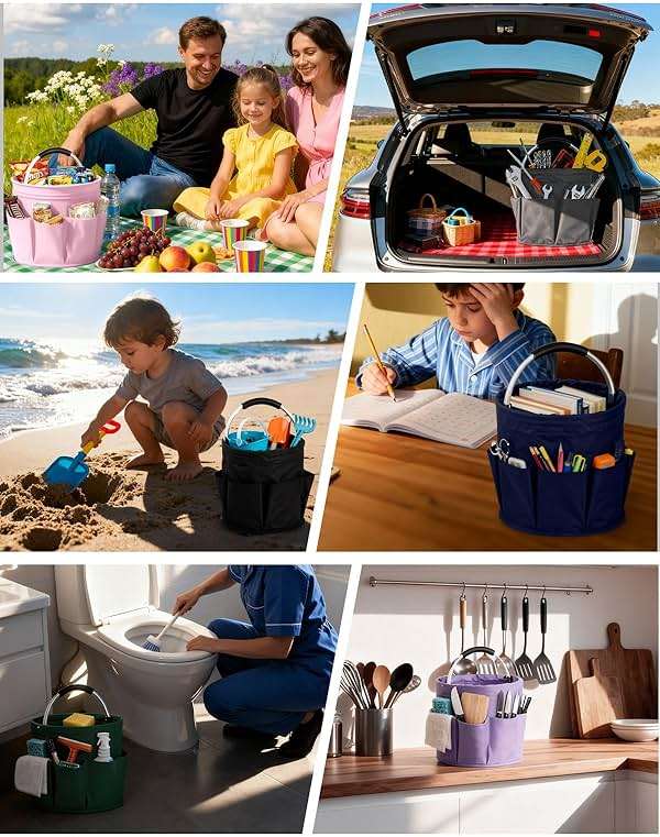 CIHTL Cleaning Caddy with Handle, Cleaning Products Organiser, Foldable Storage Basket, Large Supply Organiser 17L with 6 Pockets, Portable Cleaning Caddy for Home & Garden (Black) - Image 6