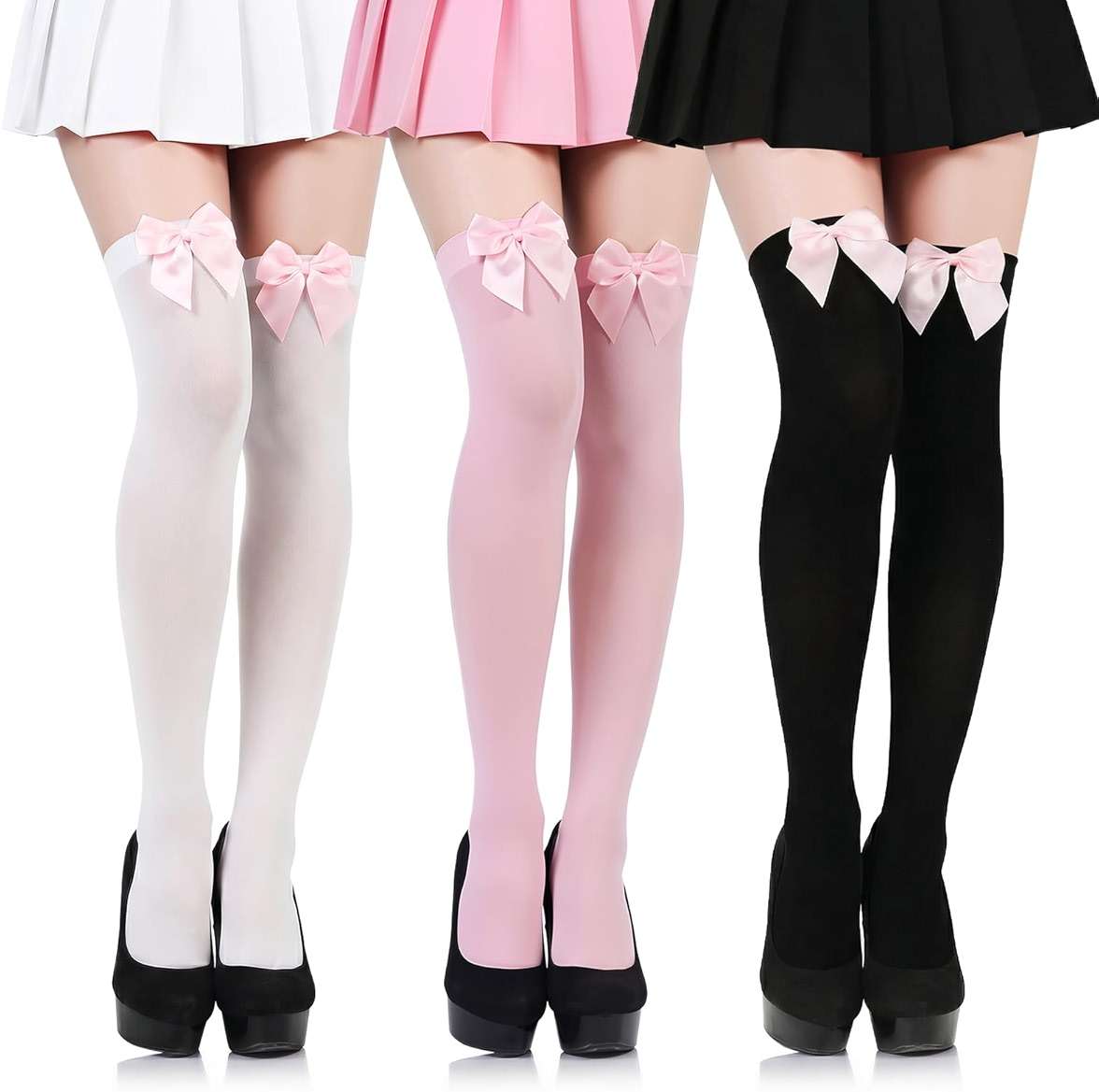 scenicamp 3 Pairs Women Satin Bow Thigh Highs Stockings Lolita Over Knee High Long Socks with Cute Bow - Image 1