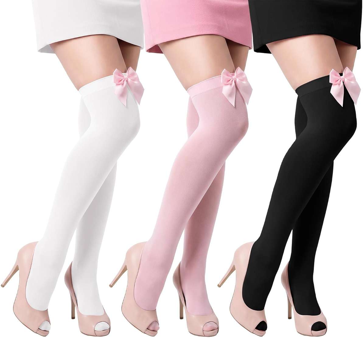scenicamp 3 Pairs Women Satin Bow Thigh Highs Stockings Lolita Over Knee High Long Socks with Cute Bow - Image 7