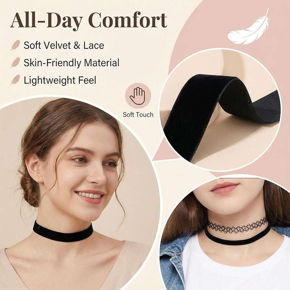 QFGasre Gothic Choker Necklace for Women Black Choker Necklace Lace Chokers 90s Outfits for Women Classic Gothic Lace Chokers Accessories Set Gifts 6Pcs - Image 4