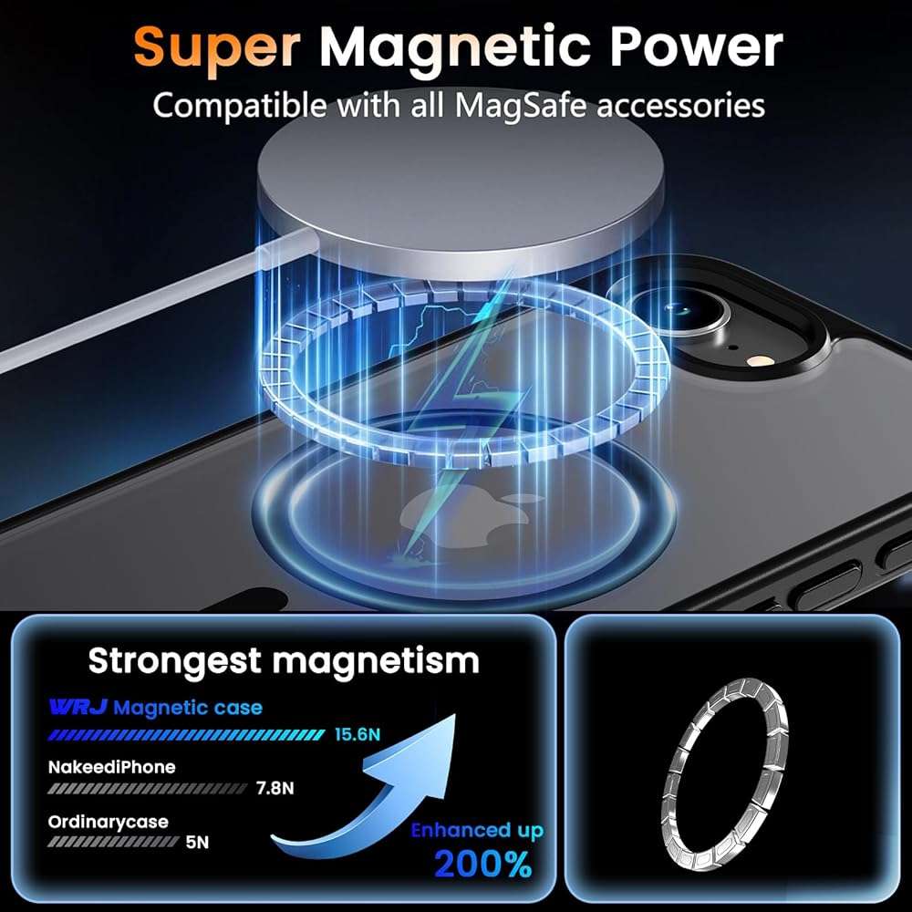 WRJ Magnetic Matte Case for iPhone 17e/iPhone 16e 6.1-Inch, [Compatible with Magsafe] [Military Grade Drop Protection] Slim Translucent Anti-Fingerprints Shockproof Protective Phone Case-Black - Image 2