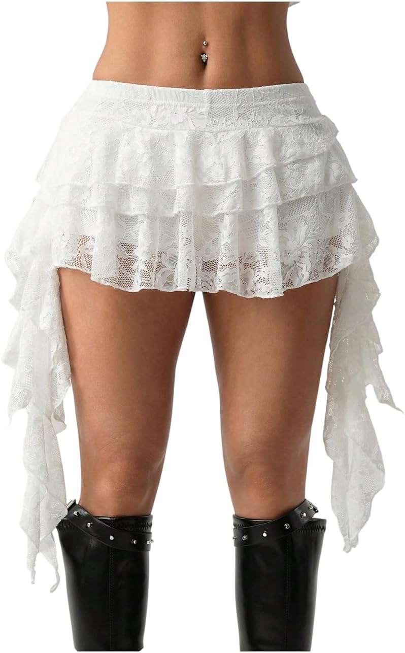 Women's Y2K Mini Skirt Ruffle Lace Asymmetrical Cute Skirts Layered Flowy Pleated Skort with Shorts for Concert Party - Image 1