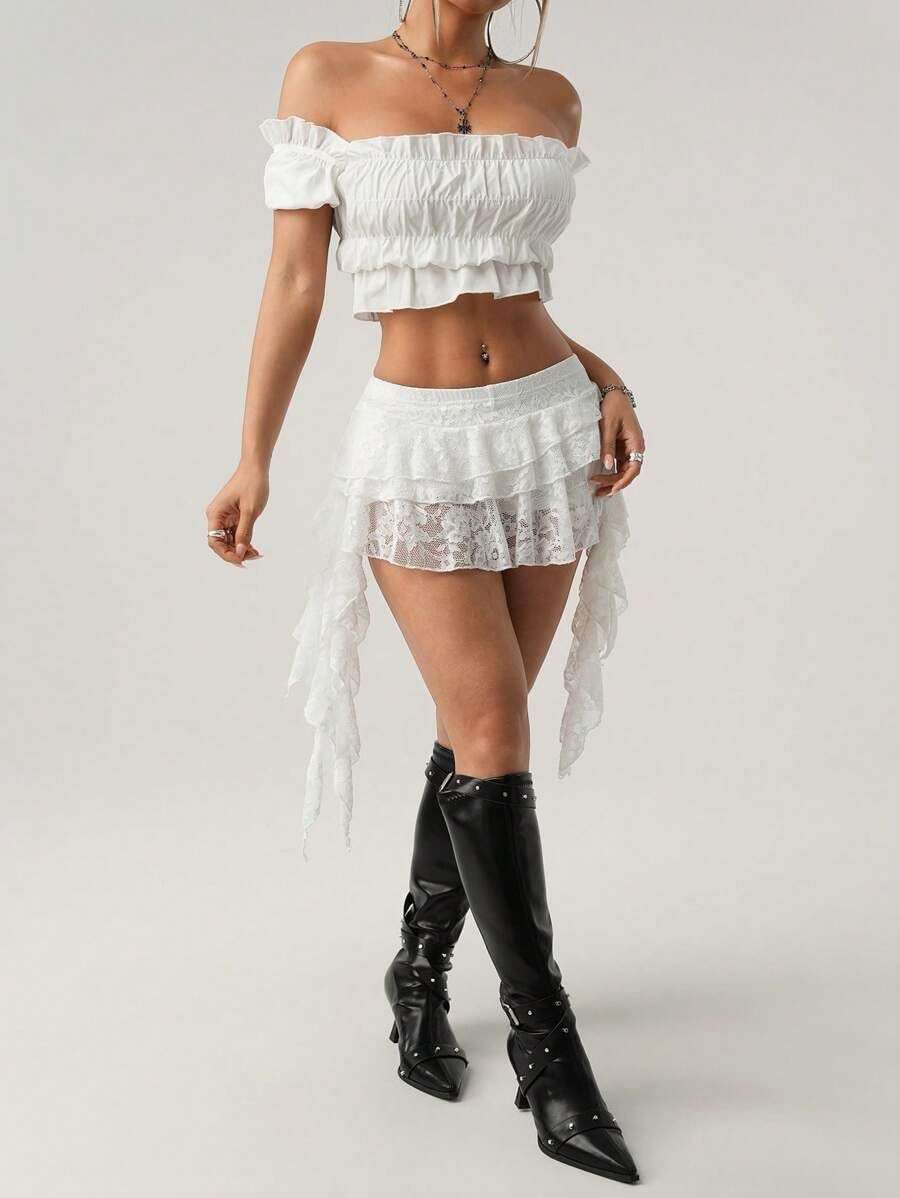 Women's Y2K Mini Skirt Ruffle Lace Asymmetrical Cute Skirts Layered Flowy Pleated Skort with Shorts for Concert Party - Image 3
