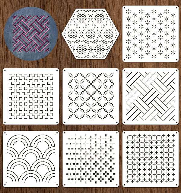 8Pcs Sashiko Stencil, 5.12 x 5.17 Inch Plastic Quilting Stencils for Hand Quilting Sashiko Template Geometric Pattern Grid Stencils Perfect for Hand-Quilting & Embroidery, 2.5mm Thick - Image 1