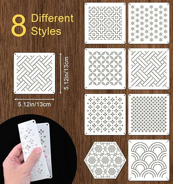 8Pcs Sashiko Stencil, 5.12 x 5.17 Inch Plastic Quilting Stencils for Hand Quilting Sashiko Template Geometric Pattern Grid Stencils Perfect for Hand-Quilting & Embroidery, 2.5mm Thick - Image 3