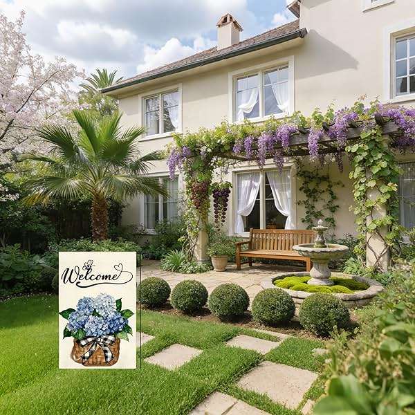 Summer Garden Flag, Welcome Hydrangea Burlap Yard Flag, Double Sided 12x18 Inch, Farmhouse Holiday Outside Decorations - Image 3