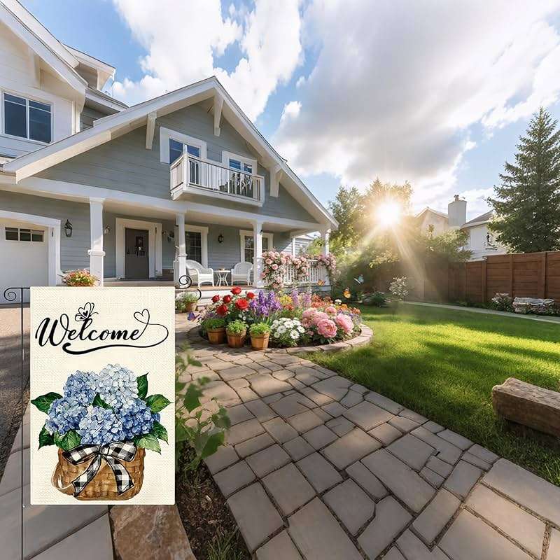 Summer Garden Flag, Welcome Hydrangea Burlap Yard Flag, Double Sided 12x18 Inch, Farmhouse Holiday Outside Decorations - Image 4