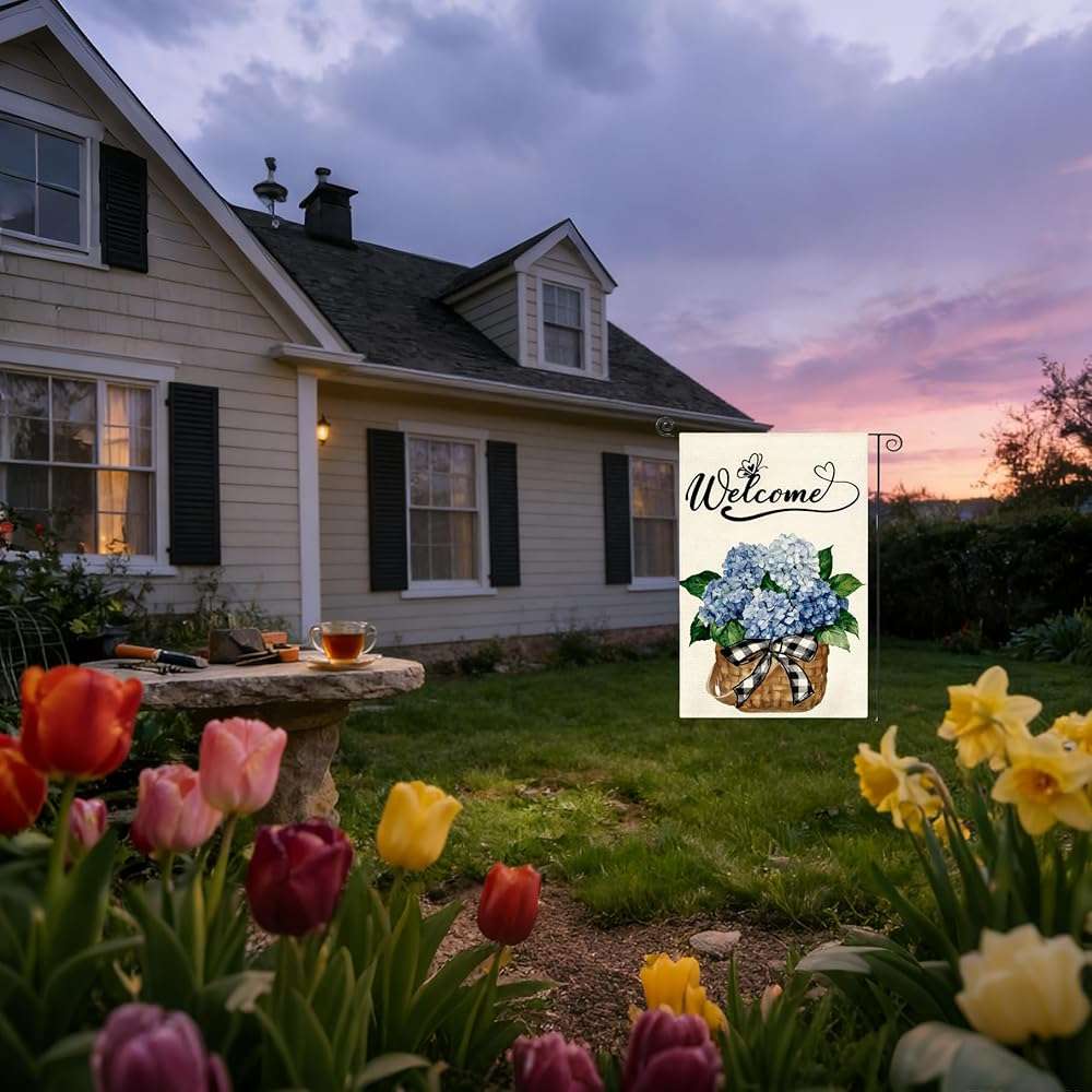Summer Garden Flag, Welcome Hydrangea Burlap Yard Flag, Double Sided 12x18 Inch, Farmhouse Holiday Outside Decorations - Image 5