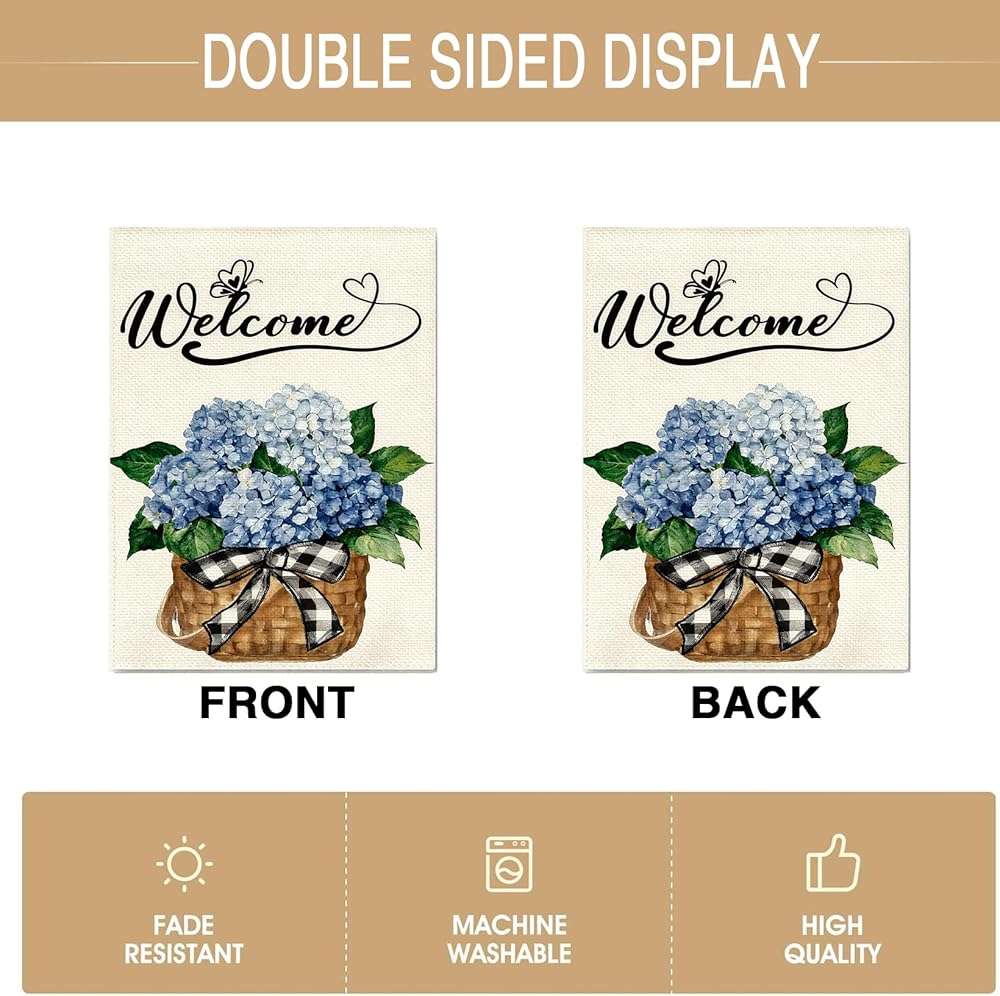 Summer Garden Flag, Welcome Hydrangea Burlap Yard Flag, Double Sided 12x18 Inch, Farmhouse Holiday Outside Decorations - Image 6