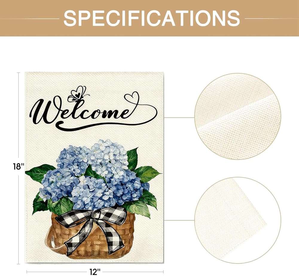 Summer Garden Flag, Welcome Hydrangea Burlap Yard Flag, Double Sided 12x18 Inch, Farmhouse Holiday Outside Decorations - Image 7