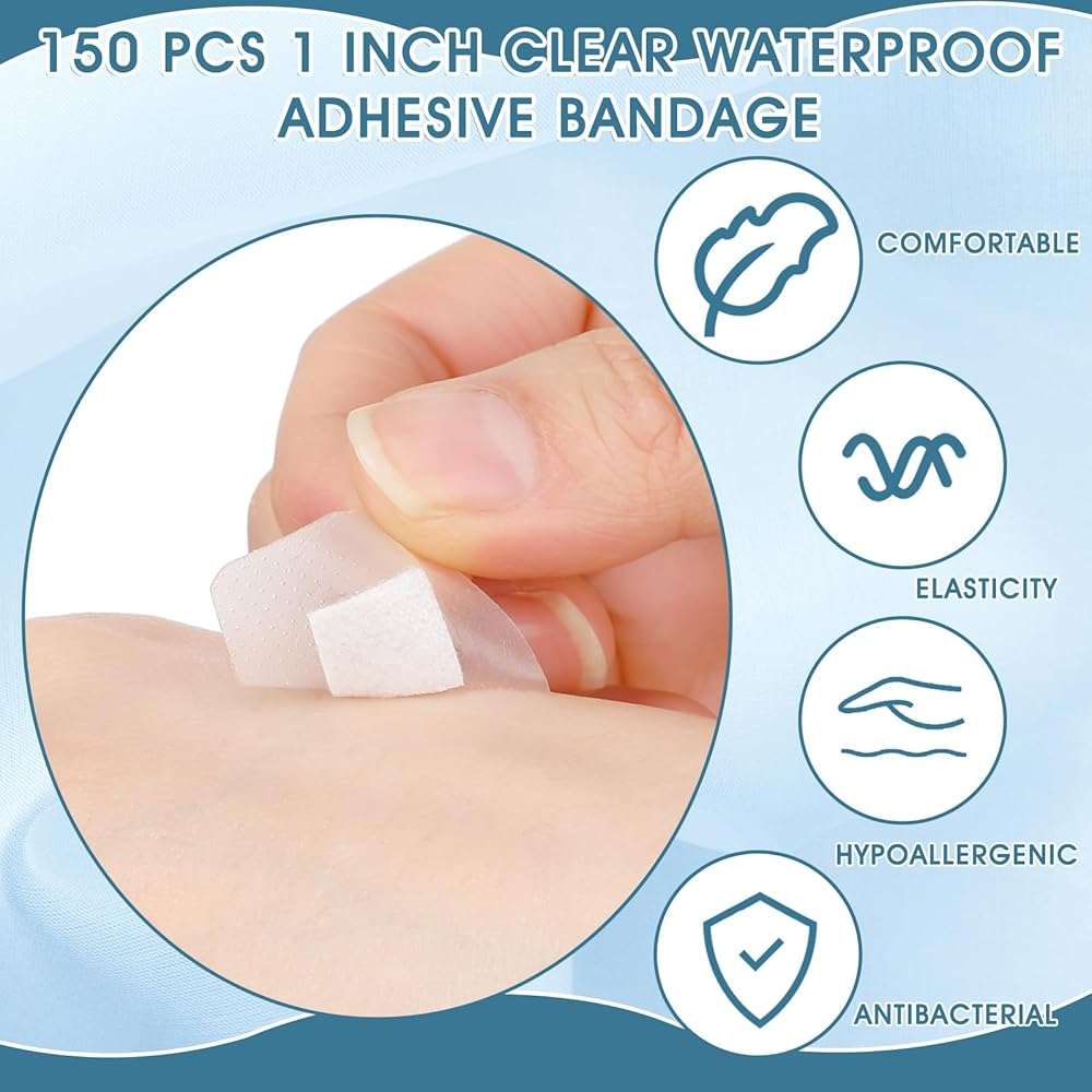 Geiserailie 150 Pcs 1 Inch Clear Waterproof Adhesive Bandage Small Square Flexible Adhesive Bandages for Adult Minor Cuts, Abrasions, and Fingertip Wounds Care, Stays on Skin in Shower or Pool - Image 3