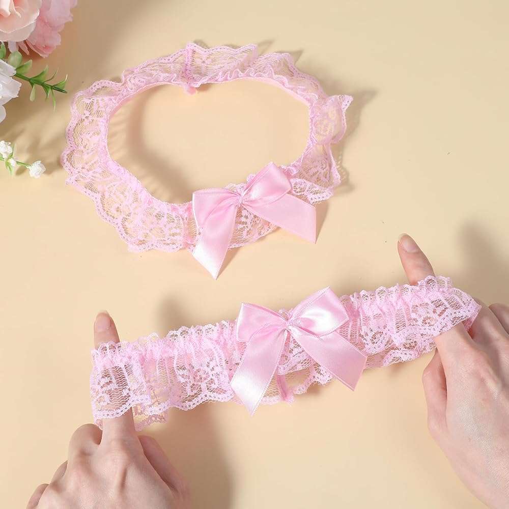 Elegaperma 2 Pcs Wedding Garter for Bride, Elastic Pink Garter Belt | Pink Leg Garters,Lace Bridal Thigh Garters with Bowknot, Ribbon Belt Leg Ring for Wedding Party Prom - Image 4