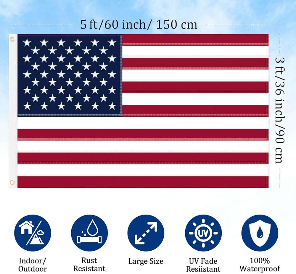 American Flags for Outside 3x5 Ft American Flag Outdoor Heavy Duty, USA Flag residential, US Flags High Wind Embroidered Stars, Sewn Stripes, Thick Spun Polyester UV Fade Resistant, Brass Grommets - Image 2