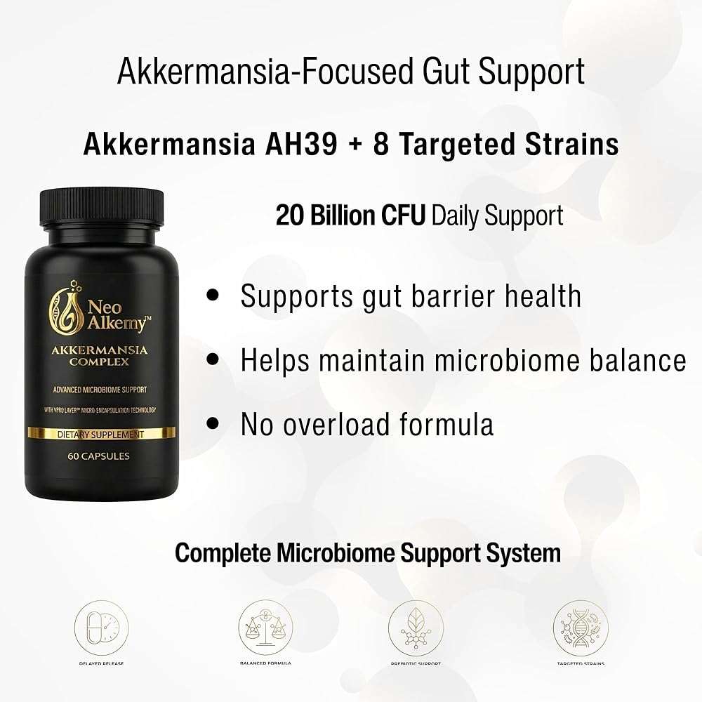 NeoAlkemy Akkermansia Probiotic Supplement, Akkermansia AH39 + 8 Targeted Strains, 20 Billion CFU with Prebiotics, Delayed-Release Capsules for Gut Barrier Support & Microbiome Balance, Vegan - Image 2